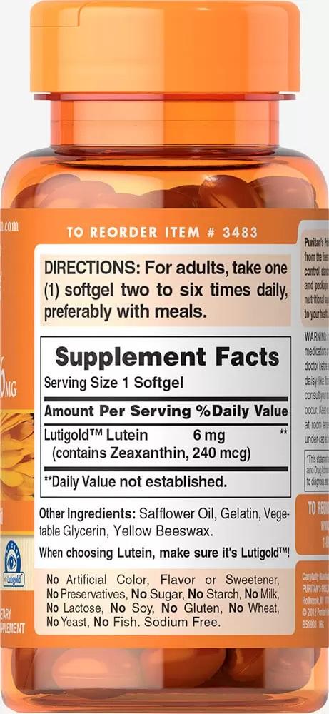 葉黃素 6 毫克含有玉米黃質 200 Softgels Free Lutein(游離型)